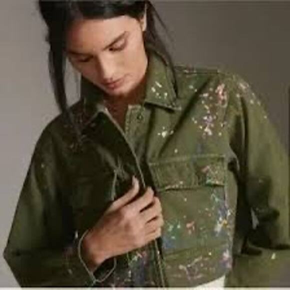 Pilcro Anthropologie Cropped Utility Jacket XSP Moss Splatter Military Artsy Raw - Picture 2 of 9